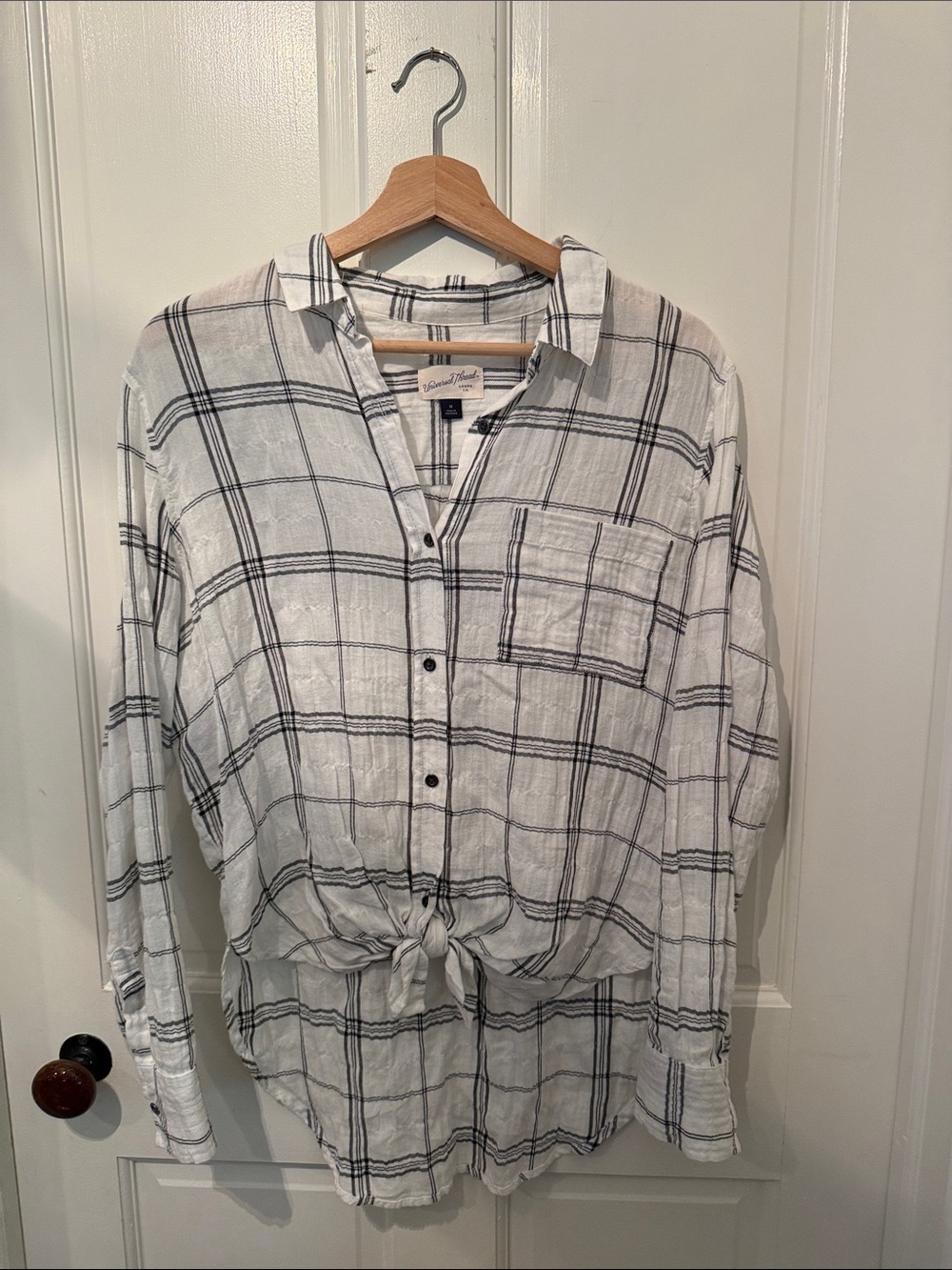 Universal Thread White Button-Front Plaid Shirt with Tie Waist